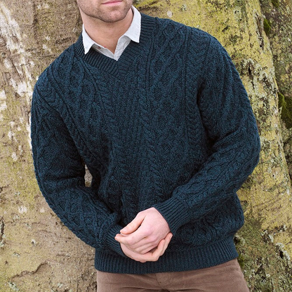 Men's Cable Knit V-Neck Wool Sweater