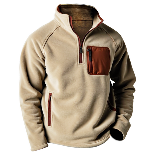 Men's Retro Color Block Zipper Pocket Fleece Sweatshirt Outwear
