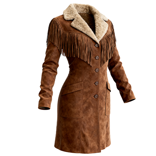 Women's Western Fringed Suede Coat With Fur Collar
