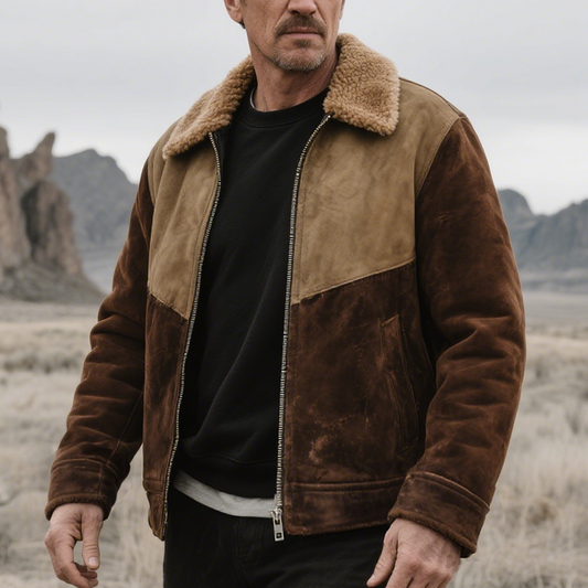 Men's Vintage Western Rustic Colorblock Brown Shearling Jacket