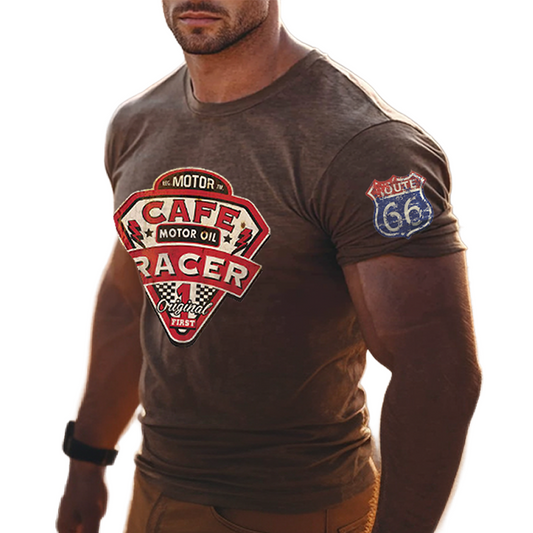 Men's Retro Western Route 66 Patch Print Cafe Racer T-Shirt