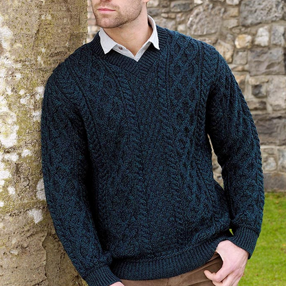 Men's Cable Knit V-Neck Wool Sweater