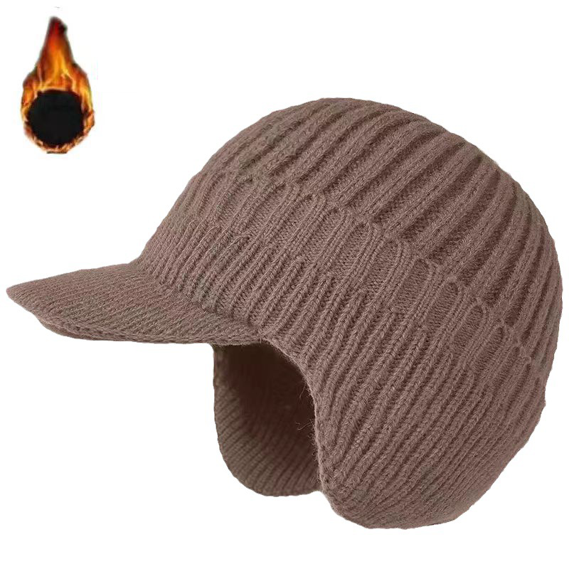 Men's Knitted Fleece Thickened Warm Ear Protection Hat With Brim