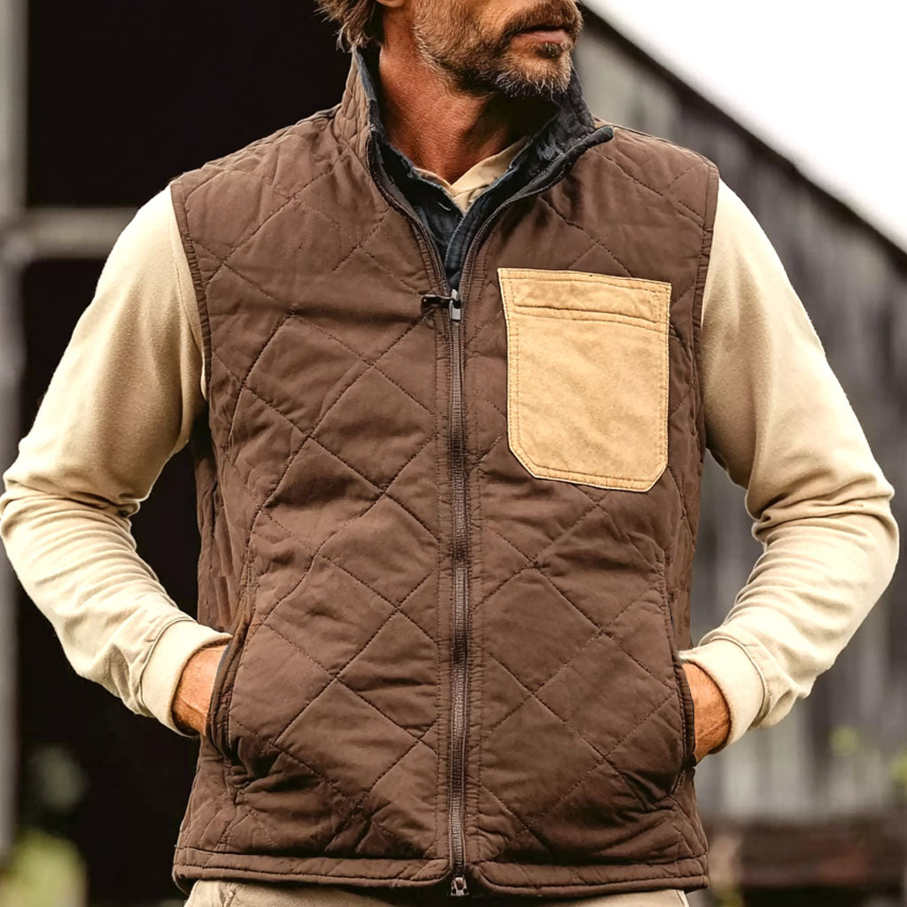 Men's Vintage Quilted Brown And Tan Pocket Stand Collar Vest