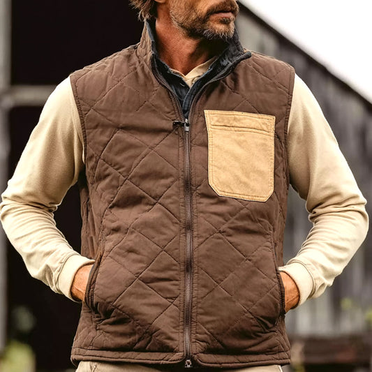 Men's Vintage Quilted Brown And Tan Pocket Stand Collar Vest