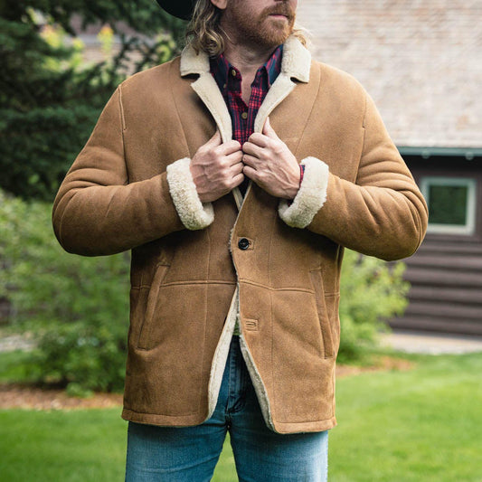 Men's Vintage Leather Shearling Fleece Fur Lapel Collar Outdoor Bomber Jacket