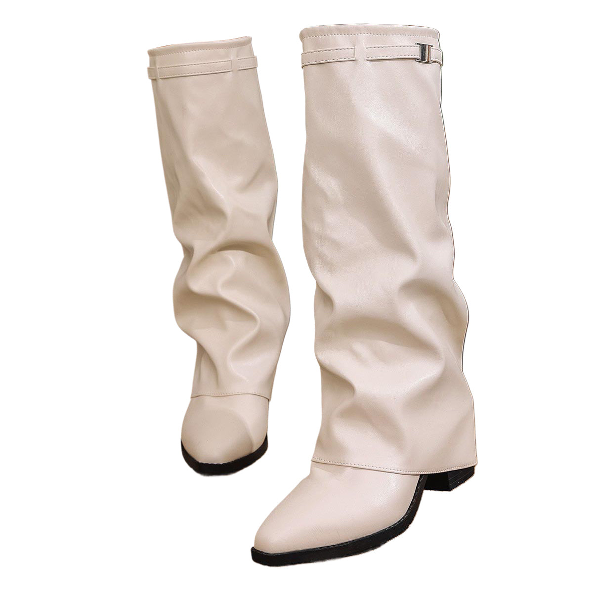 Women's Western Cowgirl Leather Pointed Toe Pleated Block Heel Sleeve High Heel Boots