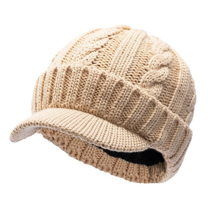 Outdoor Short Brim Peaked Cap Plus Velvet Warm Twist Wool Knitted Hat