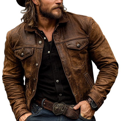 Men's Vintage Brown Distressed Leather Multi-Pocket Lapel Jacket