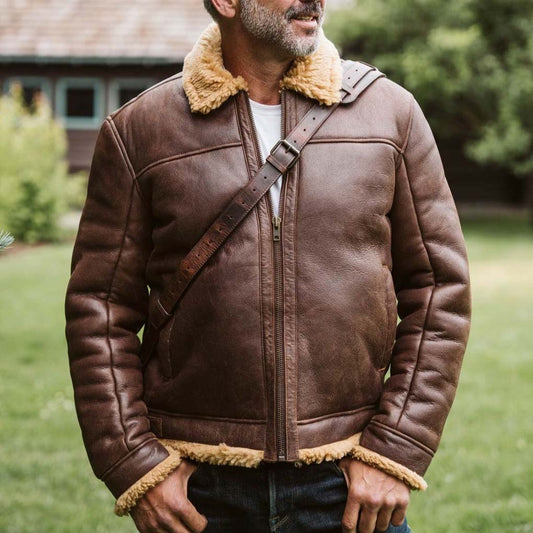 Men's Vintage Leather Shearling Fleece Fur Lapel Collar Outdoor Bomber Jacket