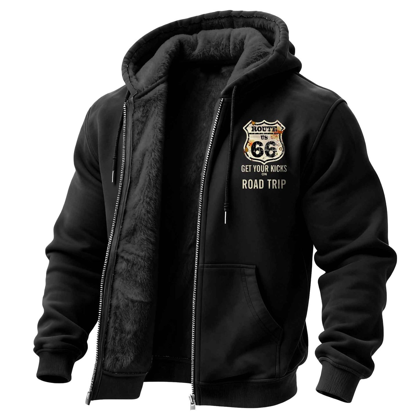 Men's Vintage Route 66 Road Trip Fleece Pocket Full Zip Long Sleeve Hoodie Jacket