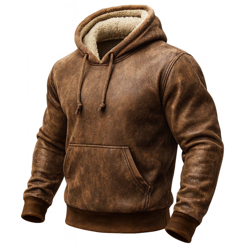 Men's Vintage Brown Leather Fleece Western Cowboy Warm Hoodie
