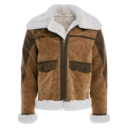 Men's Vintage Suede Contrast Fleece Lapel Fur Collar Bomber Sherpa Lined Jacket