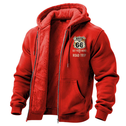 Men's Vintage Route 66 Road Trip Fleece Pocket Full Zip Long Sleeve Hoodie Jacket