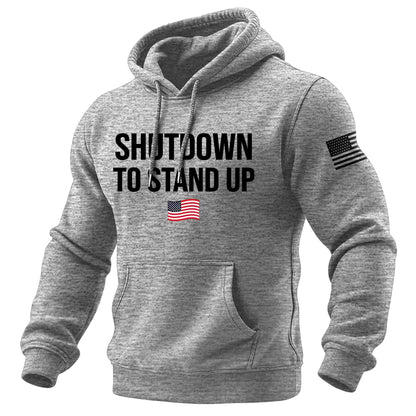 Men's Vintage American Flag Shutdown To Stand Up Print Pocket Long Sleeve Hoodie