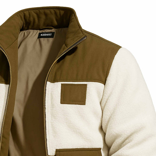 Men's Vintage Outdoor Fleece Contrast Pockets Sherpa Lined Stand Collar Jacket