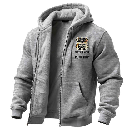 Men's Vintage Route 66 Road Trip Fleece Pocket Full Zip Long Sleeve Hoodie Jacket