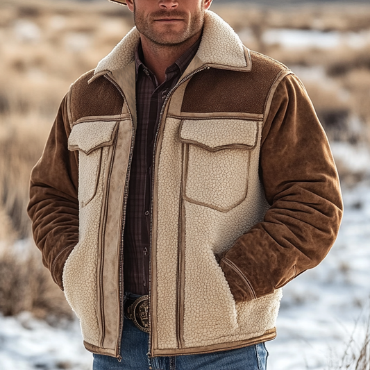 Men's Vintage Suede Patchwork Fleece Fur Lapel Collar Outdoor Bomber Jacket