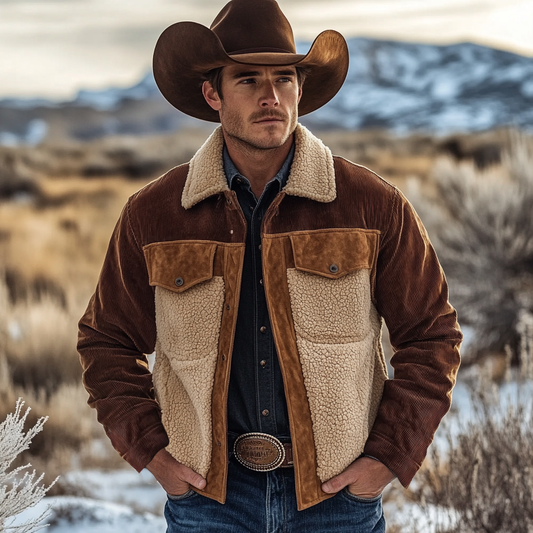 Men's Vintage Corduroy Suede Patchwork Fleece Fur Lapel Collar Outdoor Bomber Jacket