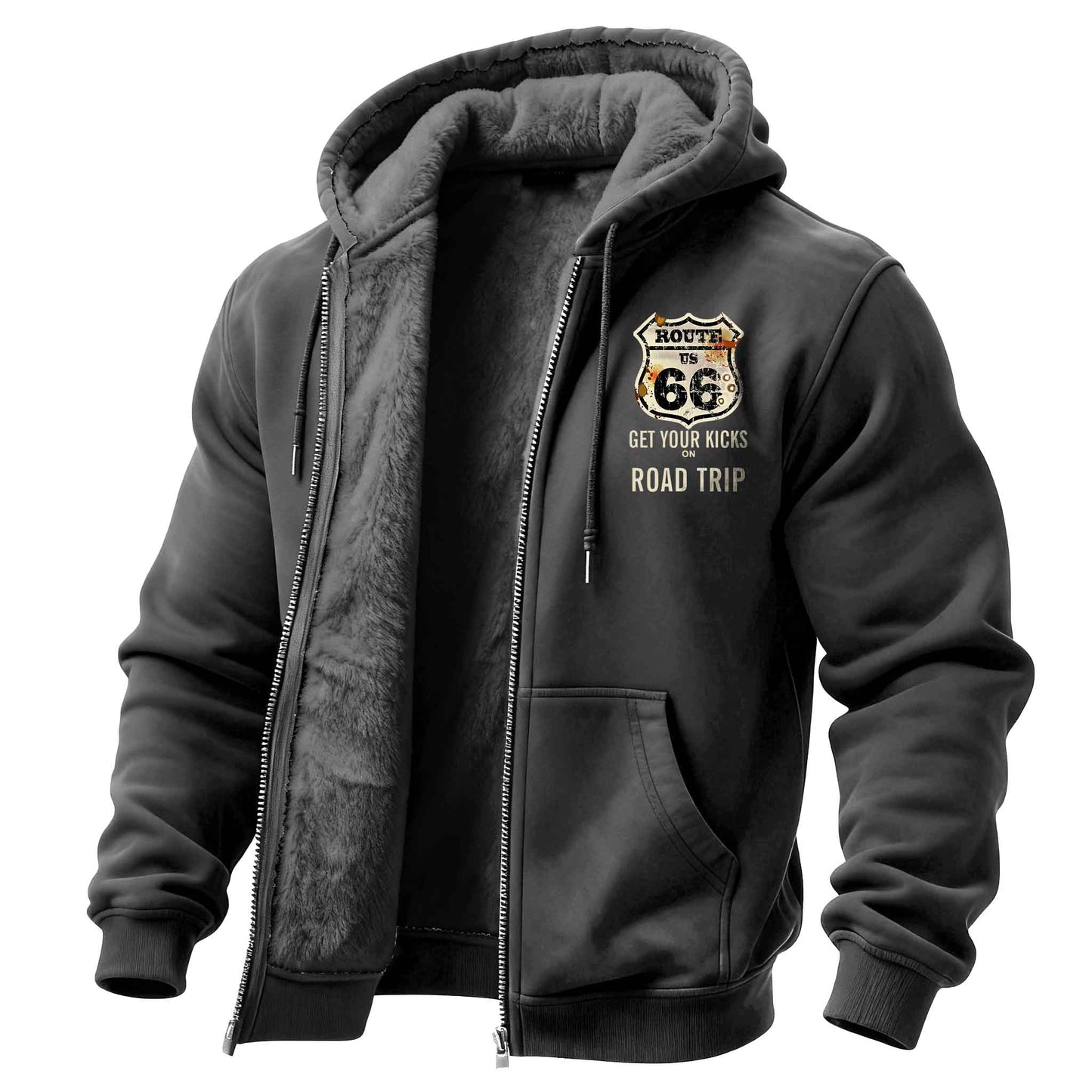 Men's Vintage Route 66 Road Trip Fleece Pocket Full Zip Long Sleeve Hoodie Jacket