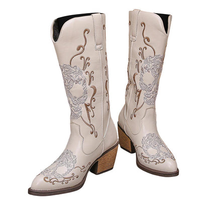 Women's Western Cowgirl Leather Embroidered Mid-calf Solid Color Thick Heel Knight Boots