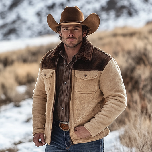 Men's Vintage Fleece Color Block Fur Lapel Collar Outdoor Jacket