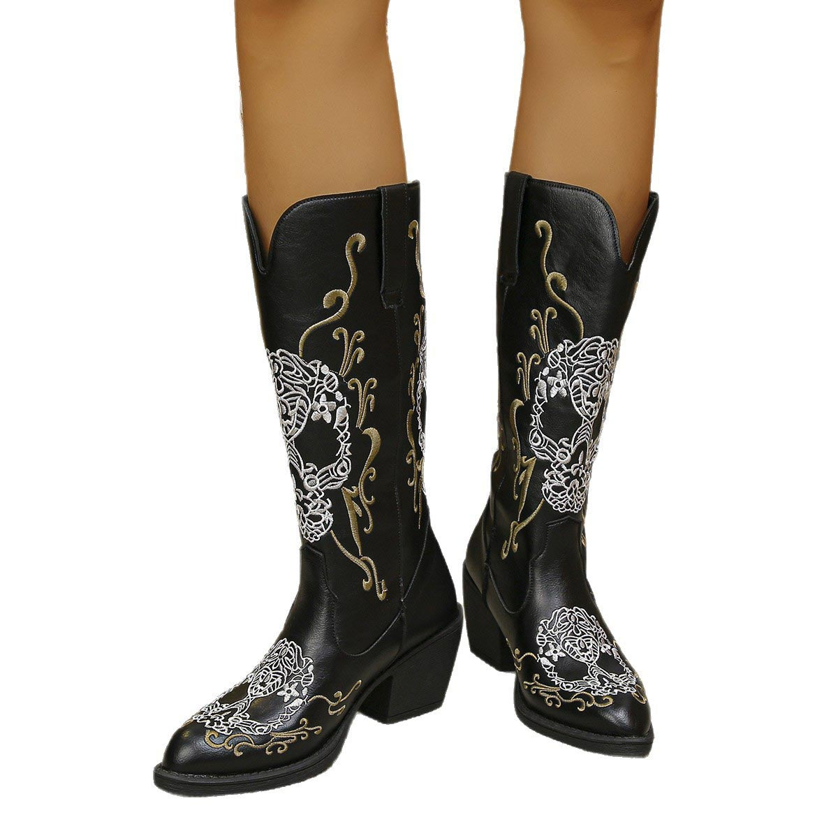 Women's Western Cowgirl Leather Embroidered Mid-calf Solid Color Thick Heel Knight Boots
