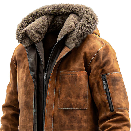 Men's Vintage Brown Suede Color-Block Multiple Pockets Double-Collar Stand Collar Fleece Hooded Jacket Coat