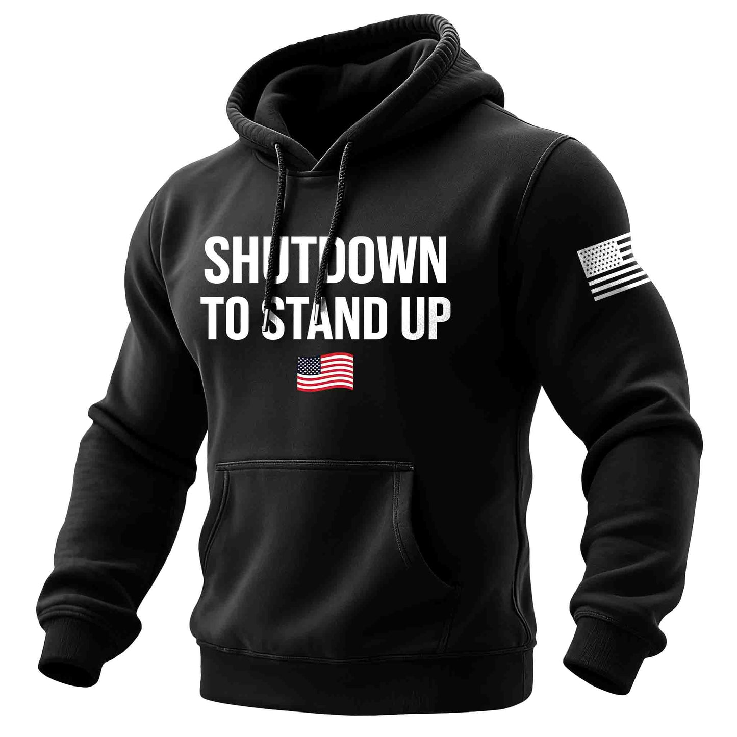 Men's Vintage American Flag Shutdown To Stand Up Print Pocket Long Sleeve Hoodie