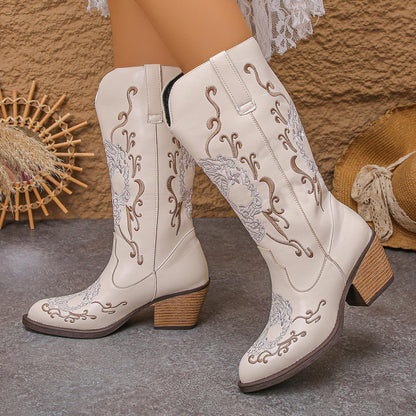 Women's Western Cowgirl Leather Embroidered Mid-calf Solid Color Thick Heel Knight Boots
