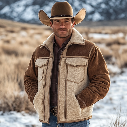 Men's Vintage Suede Patchwork Fleece Fur Lapel Collar Outdoor Bomber Jacket