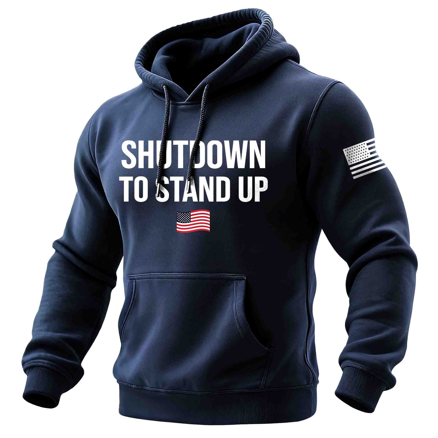 Men's Vintage American Flag Shutdown To Stand Up Print Pocket Long Sleeve Hoodie
