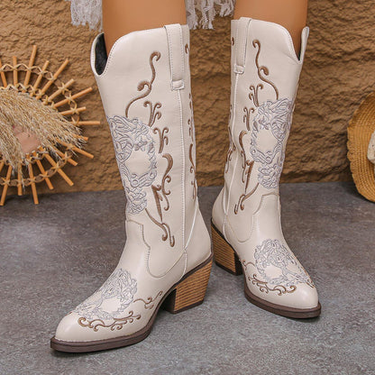 Women's Western Cowgirl Leather Embroidered Mid-calf Solid Color Thick Heel Knight Boots