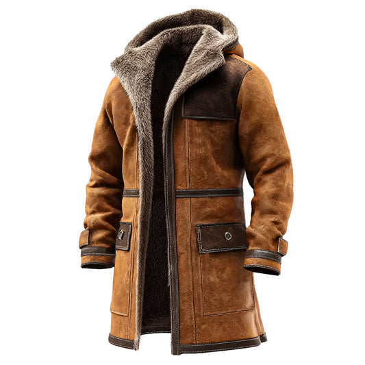 Men's Vintage Brown Suede Color-Block Fleece Hooded Mid-Length Jacket Coat