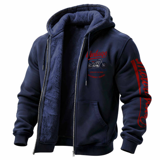 Men's Vintage Motorcycle Fleece Pocket Full Zip Long Sleeve Hoodie Jacket