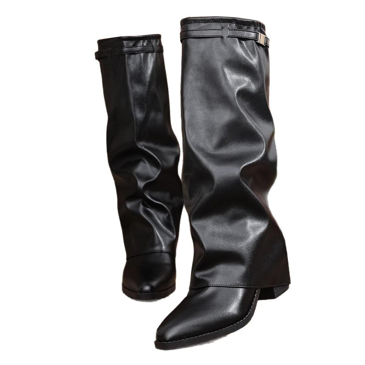 Women's Western Cowgirl Leather Pointed Toe Pleated Block Heel Sleeve High Heel Boots