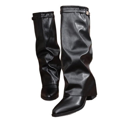 Women's Western Cowgirl Leather Pointed Toe Pleated Block Heel Sleeve High Heel Boots