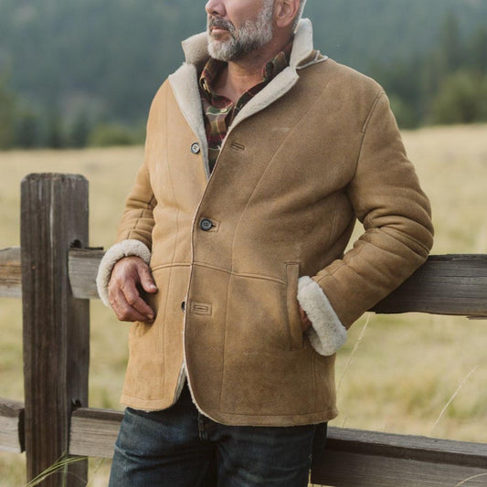 Men's Vintage Leather Shearling Fleece Fur Lapel Collar Outdoor Bomber Jacket