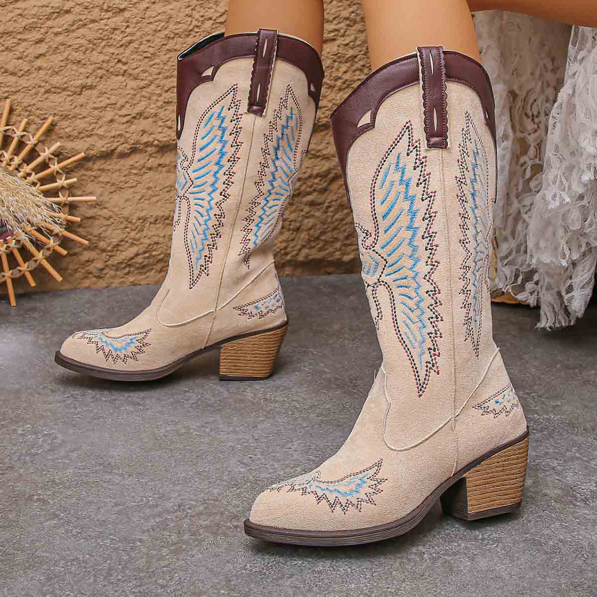 Women's Western Cowgirl Sewing Thread Ethnic Style Sleeve Embroidery Boots