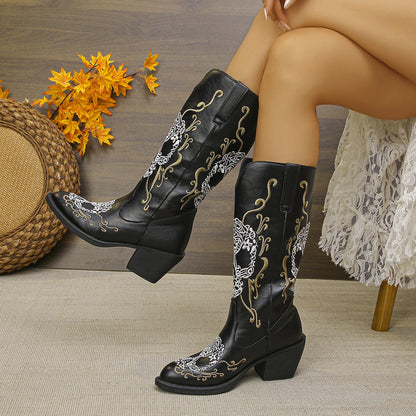 Women's Western Cowgirl Leather Embroidered Mid-calf Solid Color Thick Heel Knight Boots
