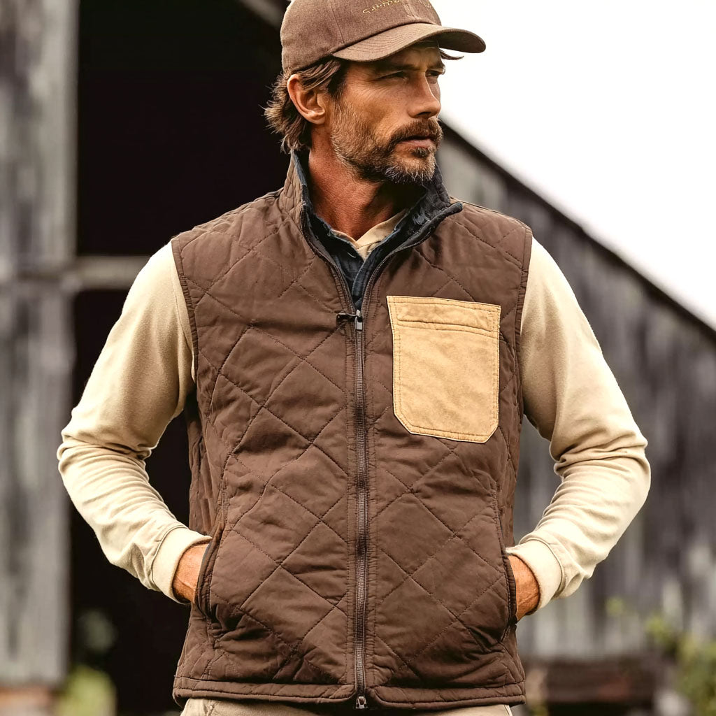 Men's Vintage Quilted Brown And Tan Pocket Stand Collar Vest