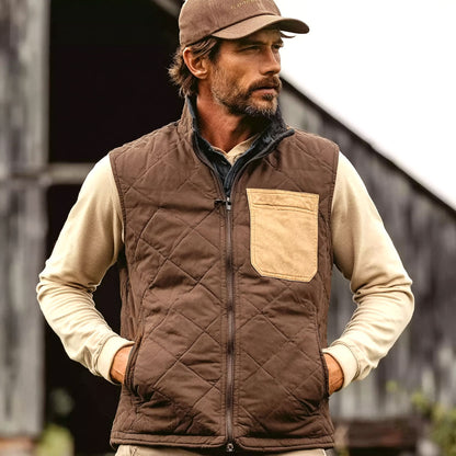 Men's Vintage Quilted Brown And Tan Pocket Stand Collar Vest