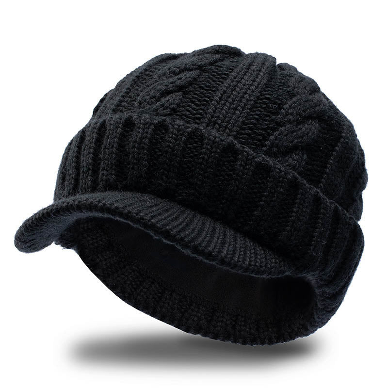 Outdoor Short Brim Peaked Cap Plus Velvet Warm Twist Wool Knitted Hat