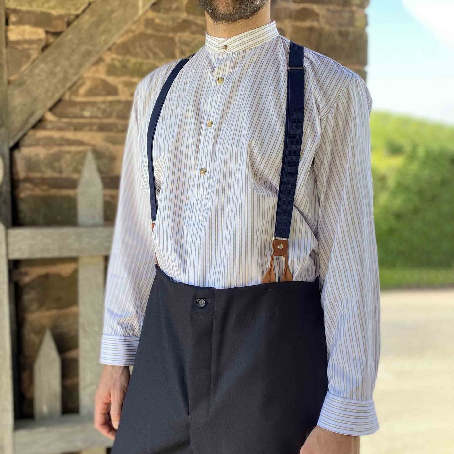 Men's Collarless Shirt Vintage Stripe Long Sleeve Daily Tops White