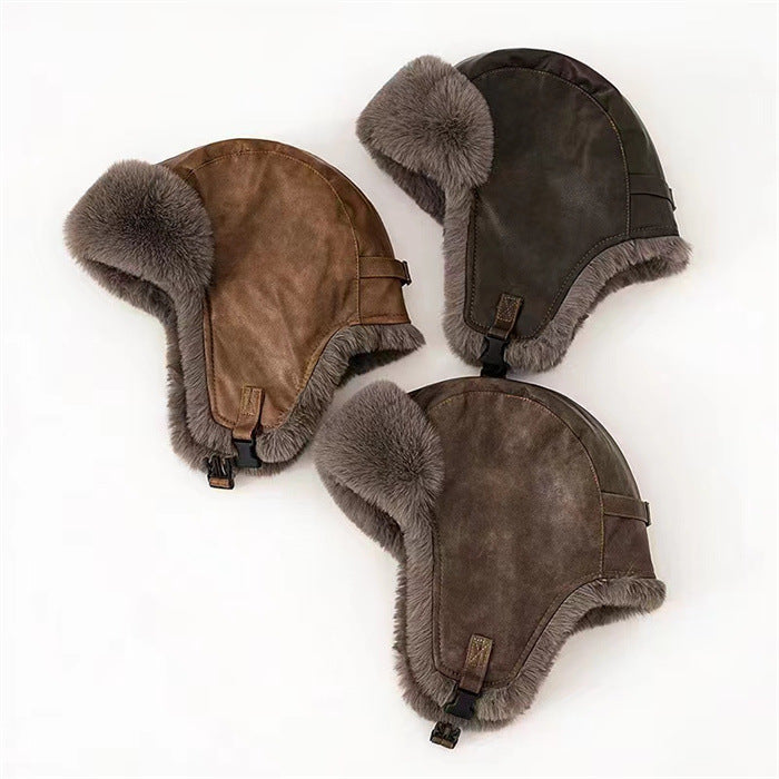 Unisex Winter Thickened Aviator Warm Windproof Leather Plush Hunting Cycling Trapper Hats