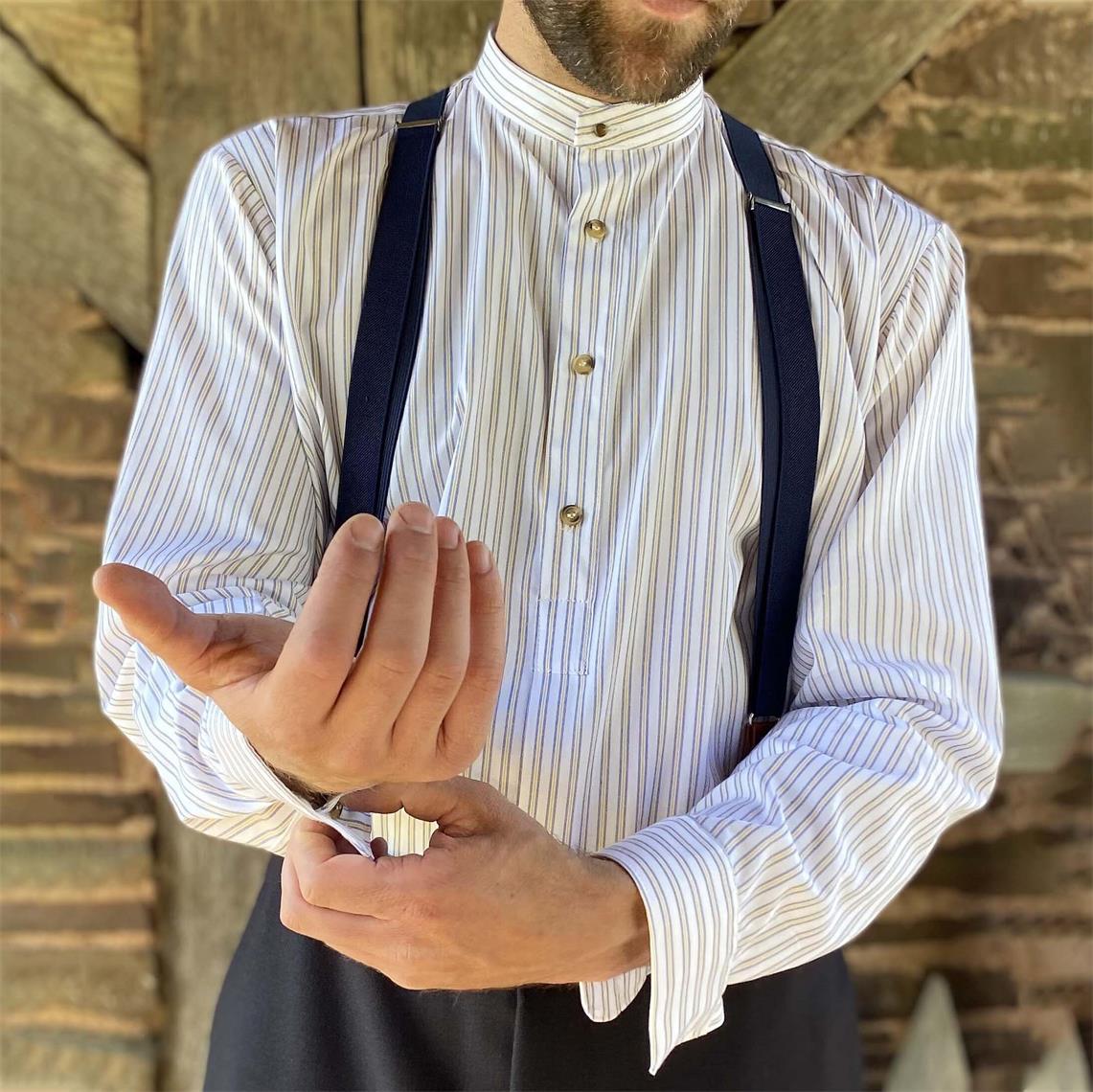 Men's Collarless Shirt Vintage Stripe Long Sleeve Daily Tops White