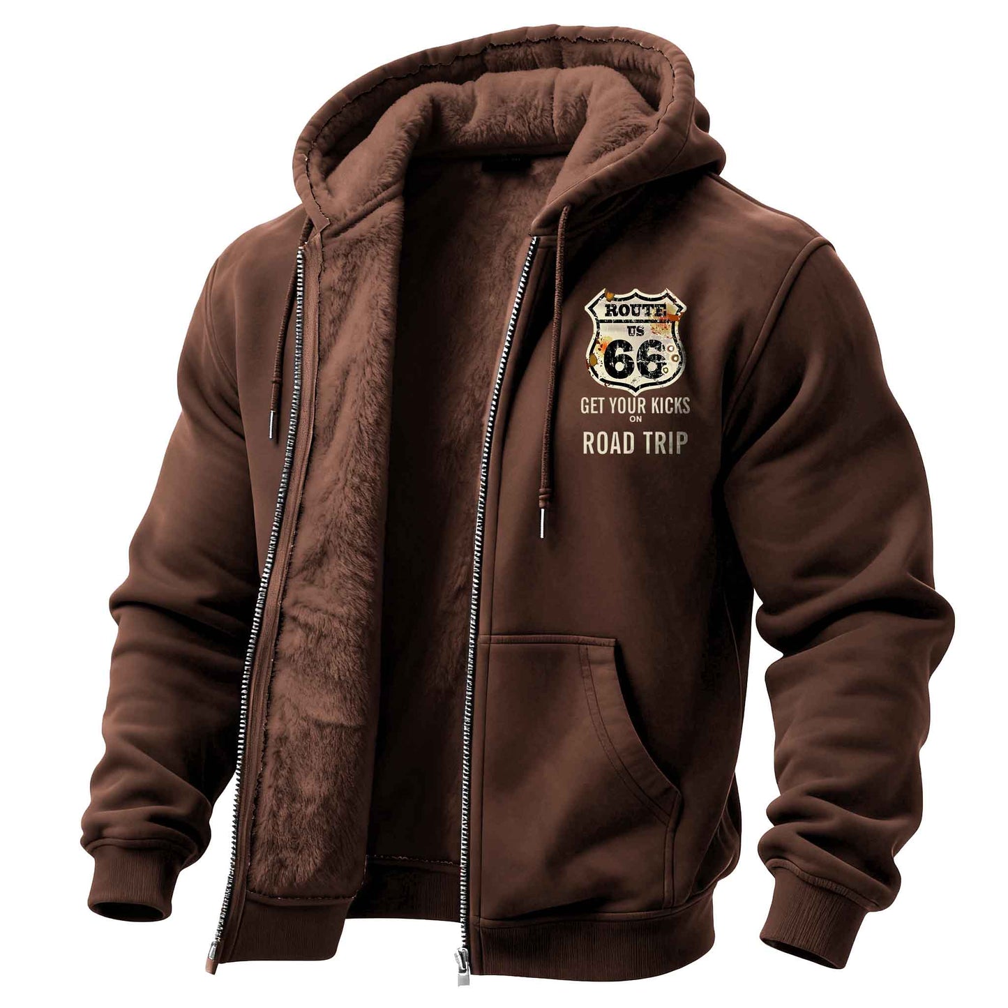 Men's Vintage Route 66 Road Trip Fleece Pocket Full Zip Long Sleeve Hoodie Jacket