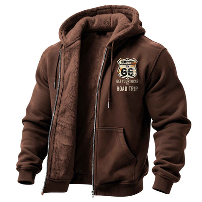 Men's Vintage Route 66 Road Trip Fleece Pocket Full Zip Long Sleeve Hoodie Jacket