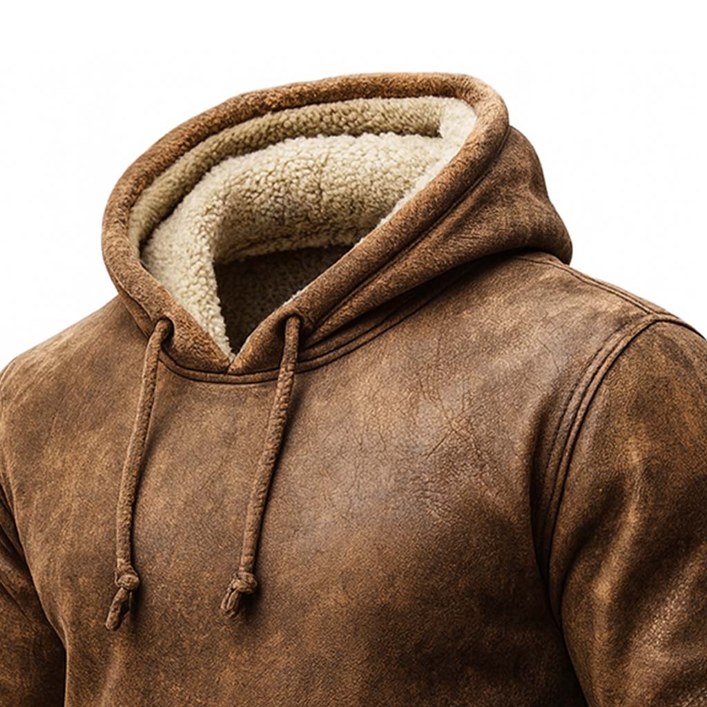 Men's Vintage Brown Leather Fleece Western Cowboy Warm Hoodie
