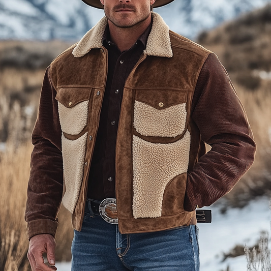 Men's Vintage Corduroy Suede Patchwork Fleece Fur Lapel Collar Outdoor Bomber Jacket